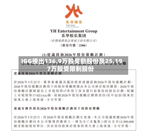 IGG授出136.9万股奖励股份及25.197万股受限制股份